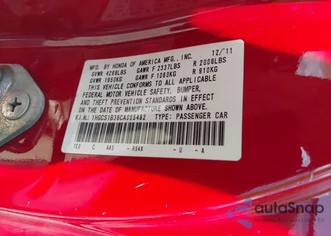 2012 Honda Accord 2.4 Lx-S from USA, damaged, VIN 1HGCS1B36CA005482